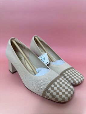 Burudani Beige Knit Block Heel Pumps - Elegant Women’s Dress Shoes